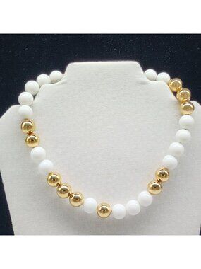 Vintage Monet White & Gold Tone Bead Chunky Necklace UV Glow